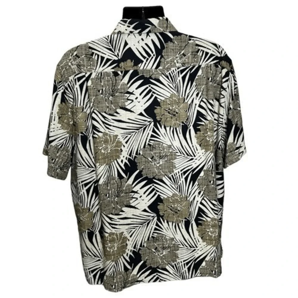 Caribbean Pure‎ Silk Men's Shirt Short Sleeve Tropical Print Black Tan Cream XL